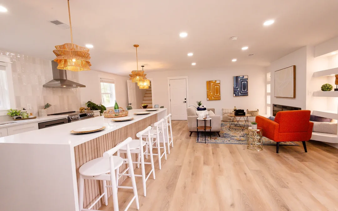 Warm Modern Kitchen with Fluted Wood Island Design