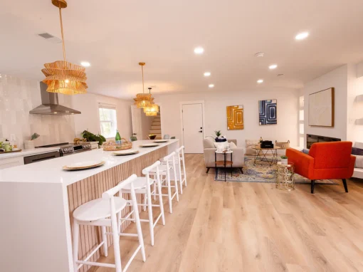 Warm Modern Kitchen with Fluted Wood Island Design Warm Modern Kitchen with Fluted Wood Island Design