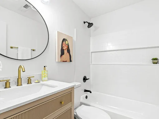 Artistic Modern Bathroom with Warm Wood Accents Artistic Modern Bathroom with Warm Wood Accents